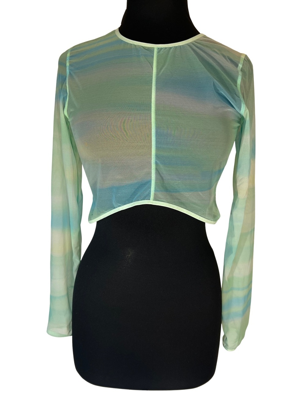 Fabletics Sheer Mesh Pastel Mint & Blue Tie Dye Ombré Waves Long-Sleeve Crop Top